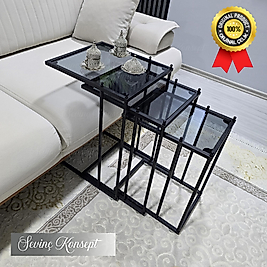 3'lü SİYAH Tekerlekli C Sehpa, FÜME CAM, Güvenilir 6 mm Kalın Camlı, Çok Amaçlı Metal Zigon Sehpa