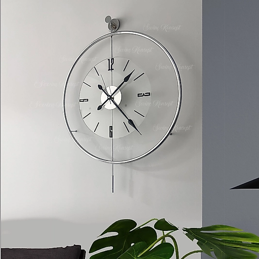 Luxe Şeffaf Nano Tiktok KROM Rengi (BÜYÜK BOY 50 x 75 CM) Modern Dekoratif Sarkaçlı Metal Duvar Saati