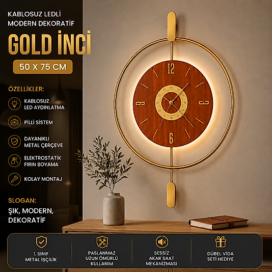 Led'li GOLD Ceviz İNCİ 24 (Büyük Boy 50 X 75 Cm), Modern Dekoratif Sarkaçlı Metal Duvar Saati