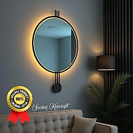 LED li SİYAH AMEDİ Ayna 60 cm Dekoratif Hol Koridor Duvar Salon Makyaj Aynası