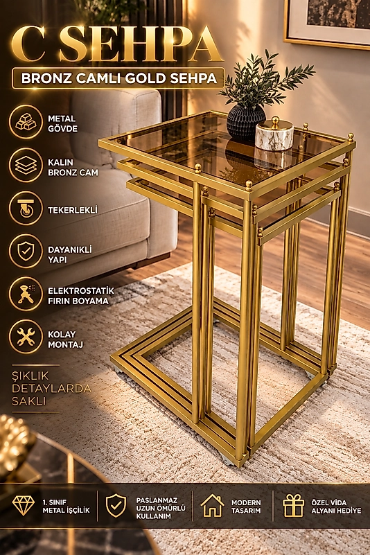 3'lü GOLD Tekerlekli C Sehpa, BRONZ CAM, Güvenilir 6 mm Kalın Camlı, Çok Amaçlı Metal Zigon Sehpa