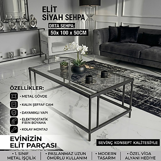 Elit SİYAH Orta Sehpa Şeffaf Camlı 54 x 94 CM, Yükseklik 50 cm Modern Dekoratif