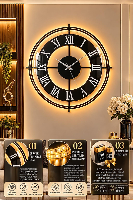 LED ışıklı SİYAH ASYA İskandinav (Büyük Boy 50 x 50 cm) Modern Dekoratif Metal Duvar Saati