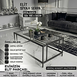 Elit SİYAH Orta Sehpa Şeffaf Camlı 54 x 94 CM, Yükseklik 50 cm Modern Dekoratif