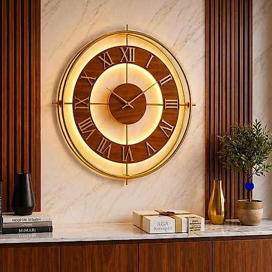 LED ışıklı GOLD ASYA İskandinav (Büyük Boy 50 x 50 cm) Modern Dekoratif Metal Duvar Saati