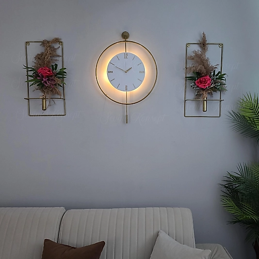 VİP SET 3'LÜ GOLD Tiktok Kristal, Çiçeklikli Modern Dekoratif Sarkaçlı Metal Duvar Saati