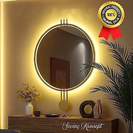 LED li GOLD AMEDİ Ayna 60 cm Dekoratif Hol Koridor Duvar Salon Makyaj Aynası