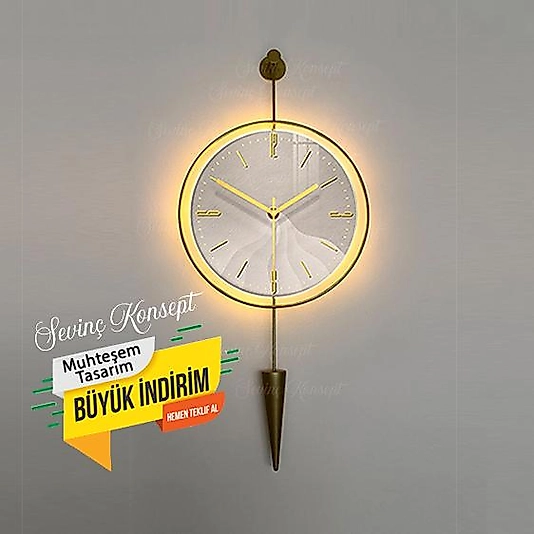 Led'li Gold Masippi Kristal 40x90 Cm, Modern Dekoratif Metal Duvar Saati