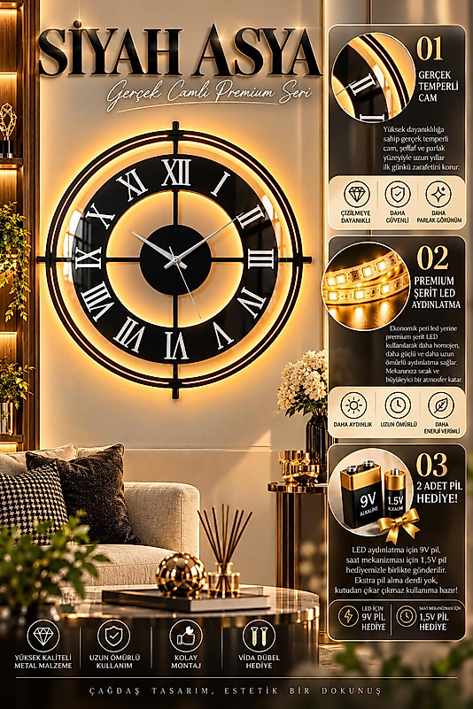 LED ışıklı SİYAH ASYA İskandinav (Büyük Boy 50 x 50 cm) Modern Dekoratif Metal Duvar Saati