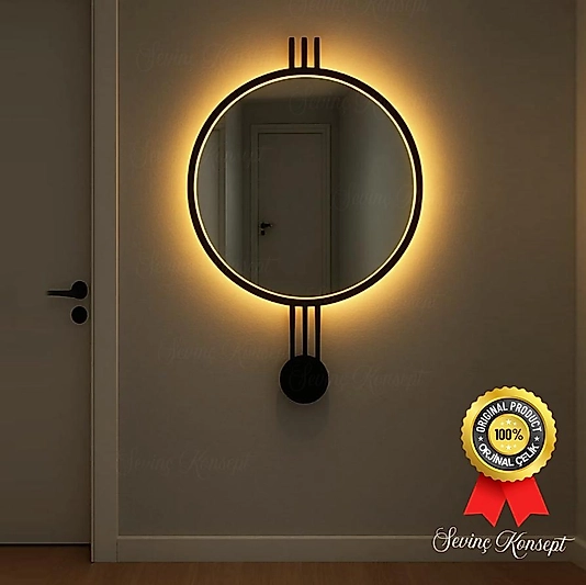 LED li SİYAH AMEDİ Ayna 60 cm Dekoratif Hol Koridor Duvar Salon Makyaj Aynası