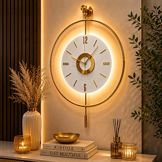 LED'li GOLD Tiktok Orjin (BÜYÜK BOY 50 x 75 CM) Nano ABS Kırılmaz Göbek, Modern Dekoratif Sarkaçlı Metal Duvar Saati