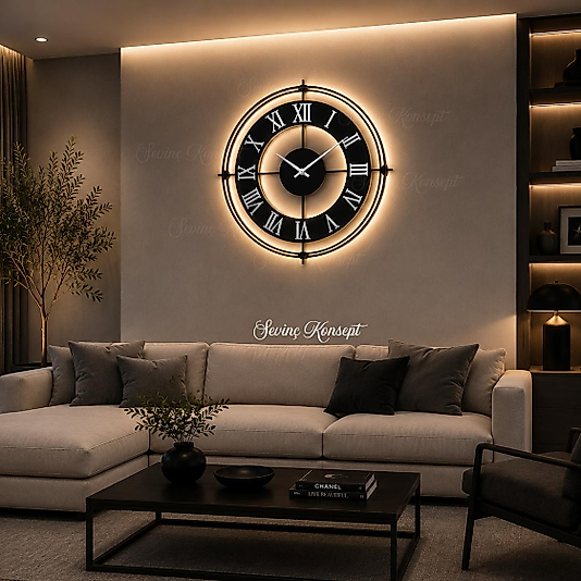 LED ışıklı SİYAH ASYA İskandinav (Büyük Boy 50 x 50 cm) Modern Dekoratif Metal Duvar Saati