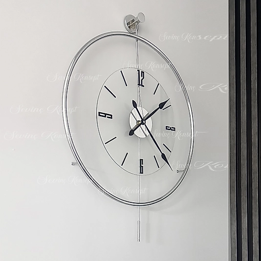 Luxe Şeffaf Nano Tiktok KROM Rengi (BÜYÜK BOY 50 x 75 CM) Modern Dekoratif Sarkaçlı Metal Duvar Saati
