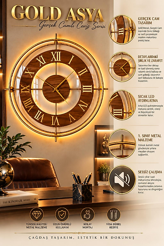 LED ışıklı GOLD ASYA İskandinav (Büyük Boy 50 x 50 cm) Modern Dekoratif Metal Duvar Saati