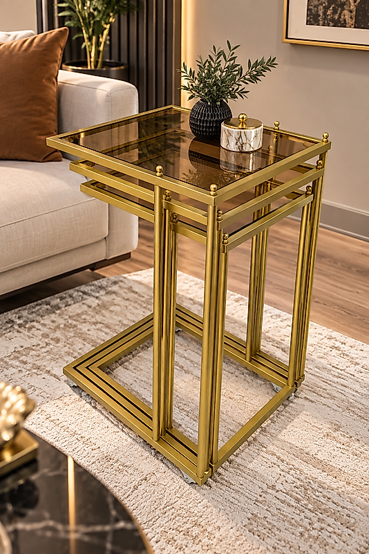 3'lü GOLD Tekerlekli C Sehpa, BRONZ CAM, Güvenilir 6 mm Kalın Camlı, Çok Amaçlı Metal Zigon Sehpa