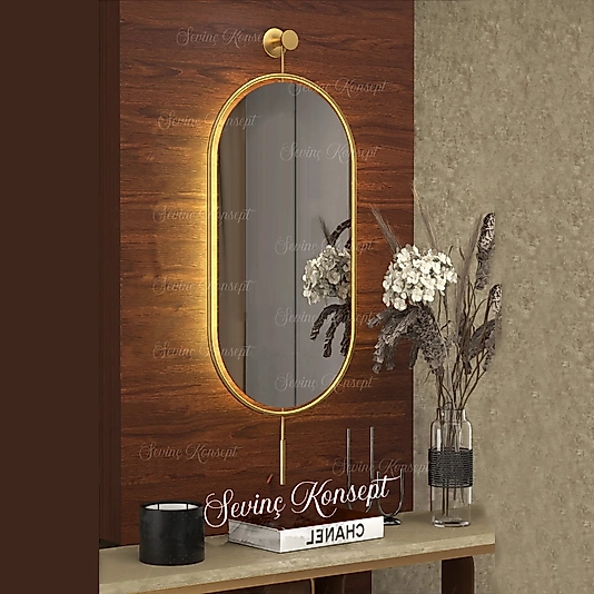 Led'li Gold Serenity Ayna 38 x 82 Cm, Dekoratif Duvar Salon Mutfak Banyo  Makyaj Aynası