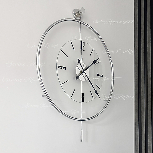 Luxe Şeffaf Nano Tiktok Parlak KROM Rengi (BÜYÜK BOY 50 x 75 CM) Modern Dekoratif Sarkaçlı Metal Duvar Saati