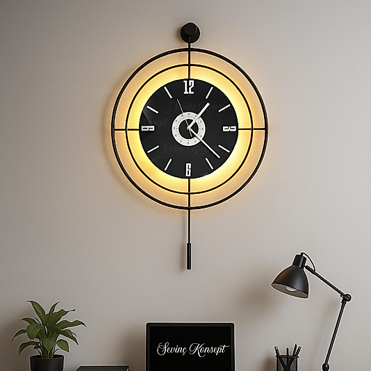 Led'li SİYAH Target NERO 24 (Büyük Boy 50*75 cm) Dekoratif Metal Duvar Saati