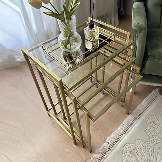 3'lü GOLD Rana Sehpa, Şeffaf Camlı, Çok Amaçlı Zigon Sehpa, Yan Sehpa, Orta Sehpa, Metal Sehpa