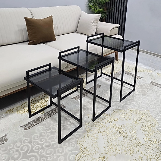 3'lü SİYAH Rana Sehpa, FÜME Camlı, Çok Amaçlı Zigon Sehpa, Yan Sehpa, Orta Sehpa, Metal Sehpa