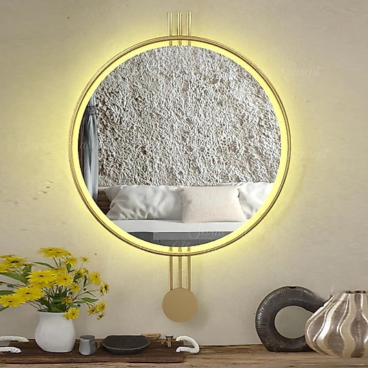 LED li GOLD AMEDİ Ayna 60 cm Dekoratif Hol Koridor Duvar Salon Makyaj Aynası