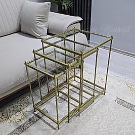 3 lü Vera Gold Şeffaf Camlı, Çok Amaçlı Metal Zigon Yan Sehpa