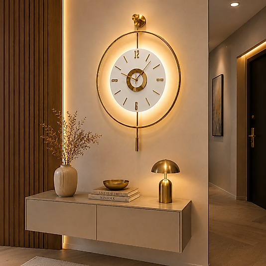 LED'li GOLD Tiktok Orjin (BÜYÜK BOY 50 x 75 CM) Nano ABS Kırılmaz Göbek, Modern Dekoratif Sarkaçlı Metal Duvar Saati