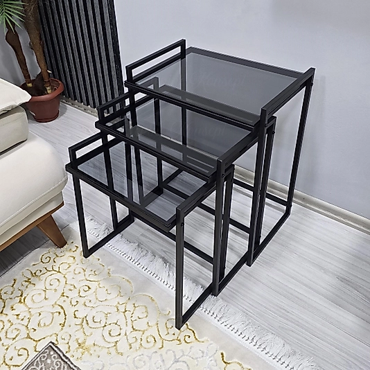 3'lü SİYAH Rana Sehpa, FÜME Camlı, Çok Amaçlı Zigon Sehpa, Yan Sehpa, Orta Sehpa, Metal Sehpa