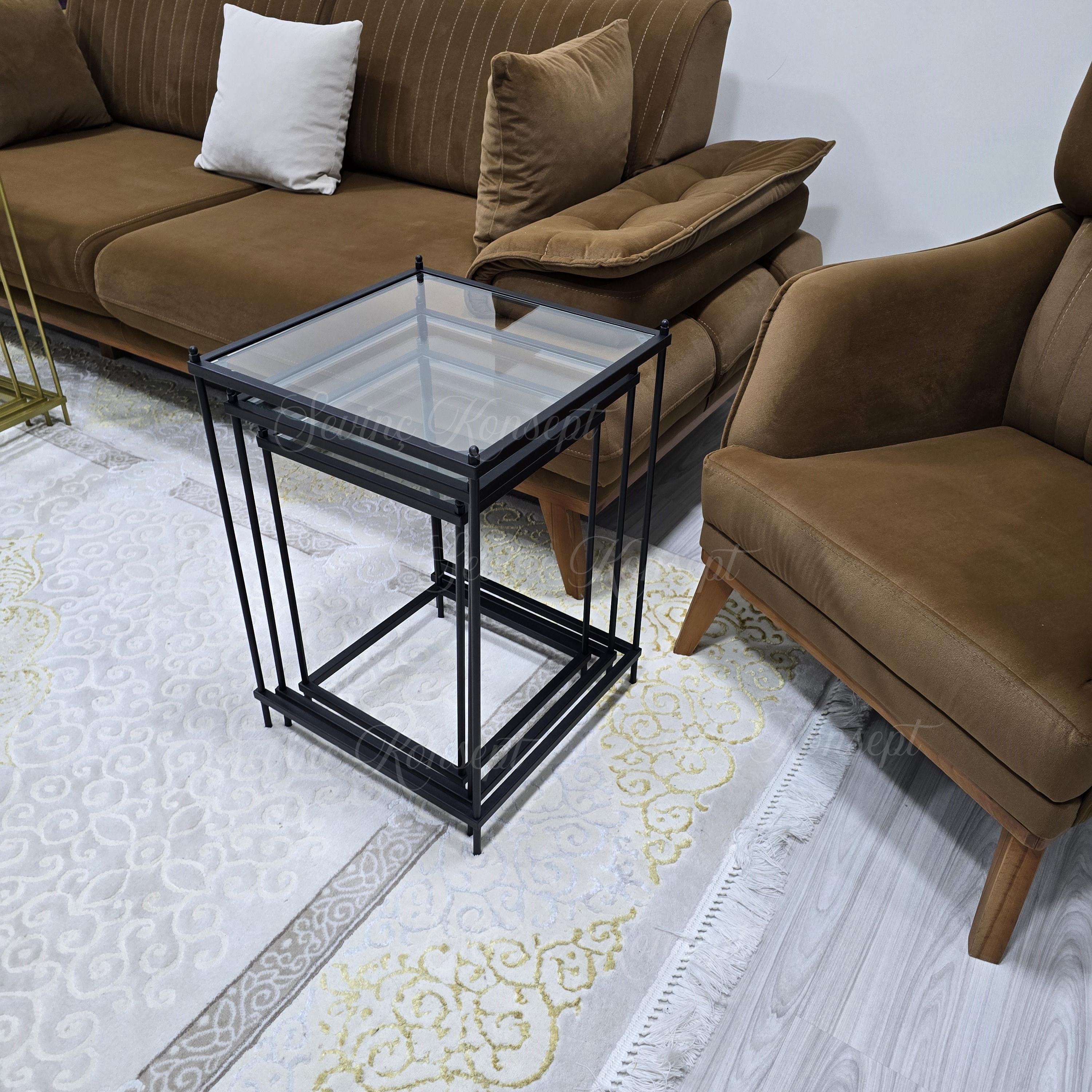 3 lü Vera Black Şeffaf Camlı, Çok Amaçlı Metal Zigon Yan Sehpa